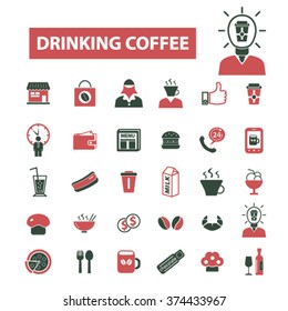 drinking coffee, cafe logo, cafe, cafeteria, icons, signs, set.
