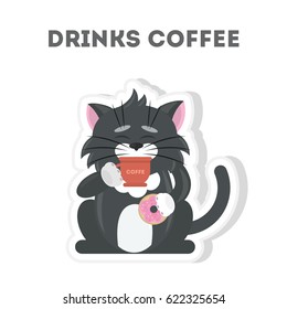 Drinking coffee cat. Isolated cute sticker on white background.