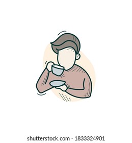 Drinking coffee color icon. Hand drawing sketch. Man drinks coffee. Coffee time. Coffee or tea break. Morning ritual. Productive morning routine concept.Time management. Isolated vector illustration 