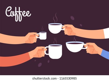Drinking coffee concept. Friends drink coffee for breakfast. Break in office with espresso vector concept. Illustration of coffee drink, cafe breakfast morning with hot espresso