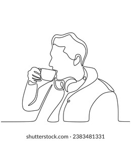 Drinking coffee continuous one line drawing. People drink with delicious gesture. Vector illustration isolated. Minimalist design handdrawn.