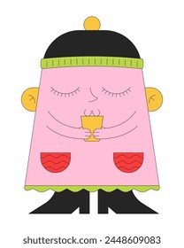 Drinking coffee cup 2D linear illustration concept. Retro groovy cartoon character isolated on white. Cute geometric figure in winter hat slurping tea metaphor abstract flat vector outline graphic