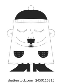 Drinking coffee cup black and white 2D illustration concept. Retro groovy cartoon outline character isolated on white. Cute geometric figure in winter hat slurping tea metaphor monochrome vector art