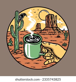 drinking coffee in the desert illustration