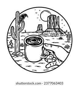 drinking coffee in the desert line illustration