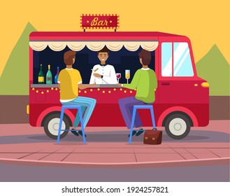 Drinking coffee and eating in street cafe. Friends meeting. Crowded outdoor restaurant or bar in city. Relaxing in cafe restaurant alcohol street bar meeting. Barman making drinks. Outdoor festival