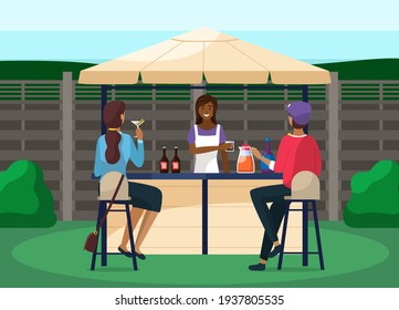 Drinking coffee and eating in street cafe. Friends meeting. Crowded outdoor restaurant or bar in city