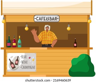 Drinking coffee and eating in street cafe. Outdoor restaurant or bar in city. Relaxing in cafe, alcohol street bar meeting. Barman making drinks, man works in sale of drinks and food. Outdoor festival