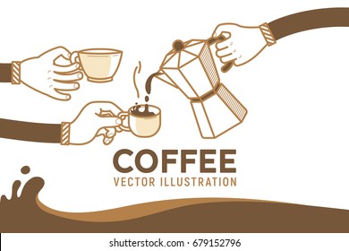 Drinking coffee with friends vector illustration. Coffee break and human hands with a cup os hot coffee. Flat retro style on white background