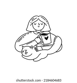 Drinking coffee girl with sleeping cat. Coffee, great design for any purposes. Vector illustration.
