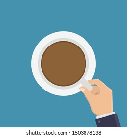 Drinking coffee, hands holding coffee cups seen from above with blue background flat design vector illustration