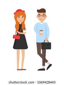 Drinking coffee man and woman, vector illustration casual style people, cheerful teens holding handbags and coffee cups isolated on white background