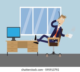 drinking coffee in the office talking on the phone. vector illustration