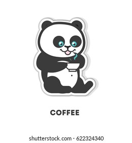 Drinking coffee panda. Isolated cute sticker on white background.