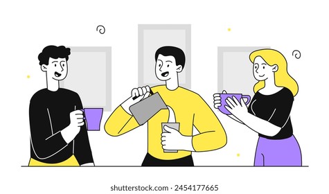 Drinking coffee people simple. Men and woman with cup and mug of hot drinks. Colleagues and partners communicate at office. Doodle flat vector illustration isolated on white background