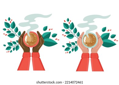 Drinking Coffee. Tea Coffee Break, Mug, Hand Top View. African American Female Hands. Green Leaves And Red Coffee Fruits. Friendly Support In Difficult Times, Conversation Of Women's Coffee Houses