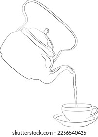 Drinking coffee, tea. Line art.