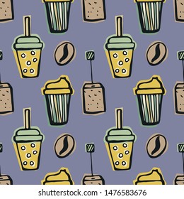 Drinking coffee, tea seamless pattern. Hand-drawn multicolored doodle vector illustration