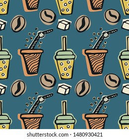 Drinking coffee, tea seamless pattern. Hand-drawn multicolored doodle vector illustration