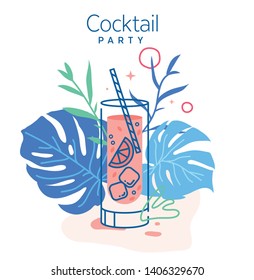 Drinking cold mojito cocktail surrounded with monstera leaves vector illustration. Trendy minimal line design. Pink cocktail set for restaurant illustrations and bar designs.