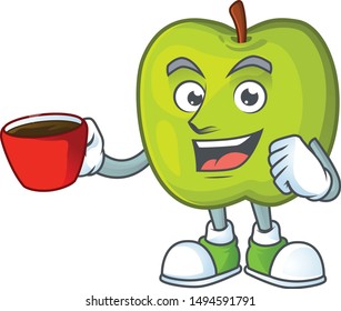 Drinking in cup character granny smith green apple with mascot