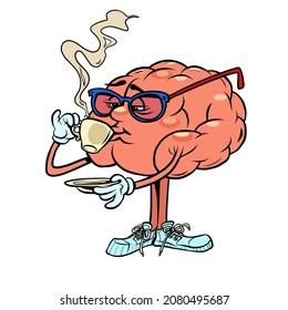 beber una taza de café caliente personaje de cerebro humano, inteligente