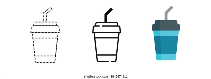 Drinking cup icon, with outline, dashed and colored. vector icon illustration