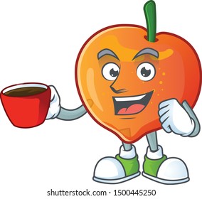Drinking in cup nectarine character mascot funny shape cartoon.