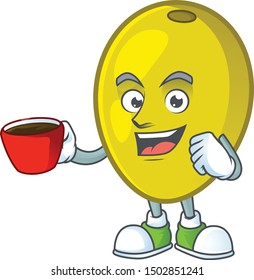 Drinking in cup olive cartoon character on white background