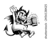 Drinking devil. Vector illustration in engraving technique of drunk devil holding beer.