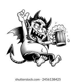 Drinking devil. Vector illustration in engraving technique of drunk devil holding beer.