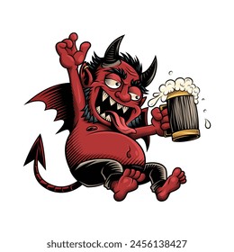 Drinking devil. Vector illustration in engraving technique of drunk red devil holding beer.