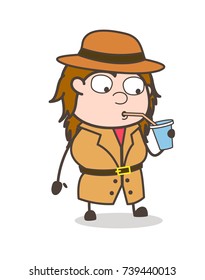 Drinking Energy Drink - Female Explorer Scientist Cartoon Vector
