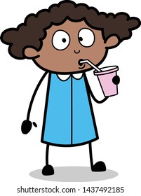 Drinking Energy Drink - Retro Black Office Girl Cartoon Vector Illustration