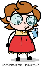 Drinking Energy Water - Teenager Cartoon Intelligent Girl Vector Illustration