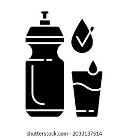 Drinking enough water black glyph icon. Stay hydrated. Refreshment from liquid intake. Fitness exercise. Body and skin care. Silhouette symbol on white space. Vector isolated illustration