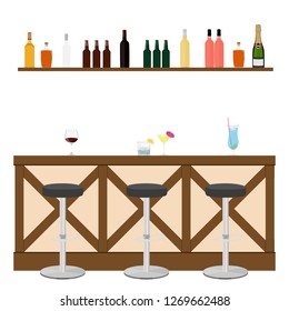 Drinking establishment. Interior of pub, cafe or bar. Bar counter, chairs and shelves with alcohol bottles. Vector illustration