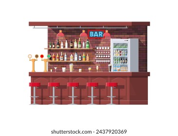 Drinking establishment. Interior of pub, cafe or bar. Bar counter, chairs and shelves with alcohol bottles, refrigerator. Glasses and lamp. Wooden decor. Vector illustration in flat style.