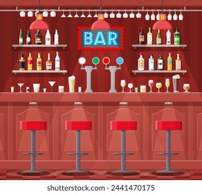 Drinking establishment. Interior of pub, cafe or bar. Bar counter, chairs and shelves with alcohol bottles. Glasses and lamp. Wooden decor. Vector illustration in flat style.
