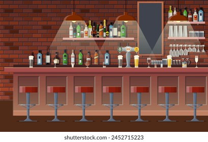 Drinking establishment. Interior of pub, cafe or bar. Bar counter, chairs and shelves with alcohol bottles. Glasses, tv, dart, fridge and lamp. Wooden decor. Vector illustration in flat style