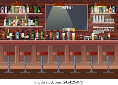 Drinking establishment. Interior of pub, cafe or bar. Bar counter, chairs and shelves with alcohol bottles. Glasses, tv, dart, fridge and lamp. Wooden decor. Vector illustration in flat style