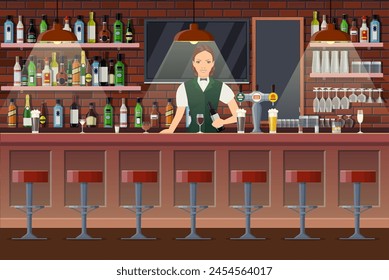 Drinking establishment. Interior of pub, cafe or bar. Bar counter with bartender lady and wine bottles on the shelves behind her. Glasses, tv, lamp. Wooden decor. Vector illustration in flat style