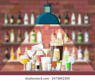 Drinking establishment. Interior of pub, cafe or bar. Bar counter, shelves with alcohol bottles, lamp. Wooden and brick decor. Vector illustration in flat style