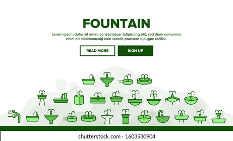 Drinking Fountain Landing Web Page Header Banner Template Vector. Different Type Of Decorative Public Fountain With Purified Drink Water Illustration