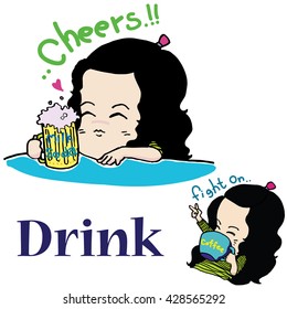 drinking girl cartoon vector character