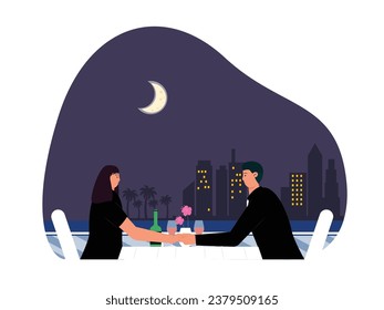 Drinking with girlfriend romantically under the moonlight, with beautiful city view, nightlife vector illustration.