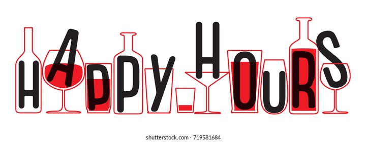 Drinking glass and bottles silhouettes. Vector Illustration of happy hours.