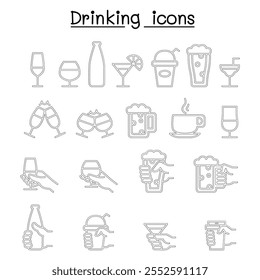 Drinking, glass in the hand icon set in thin line style