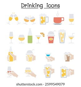 Drinking, glass in the hand icon set in flat color style