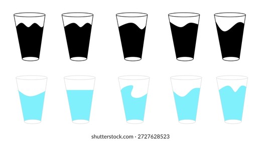 Coleção de ícones de vidro de bebida. Ilustração em vidro vetorial. Ícone preto e azul do recipiente de água potável.
